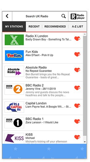 Image of Radioplayer web console displaying user favourites list