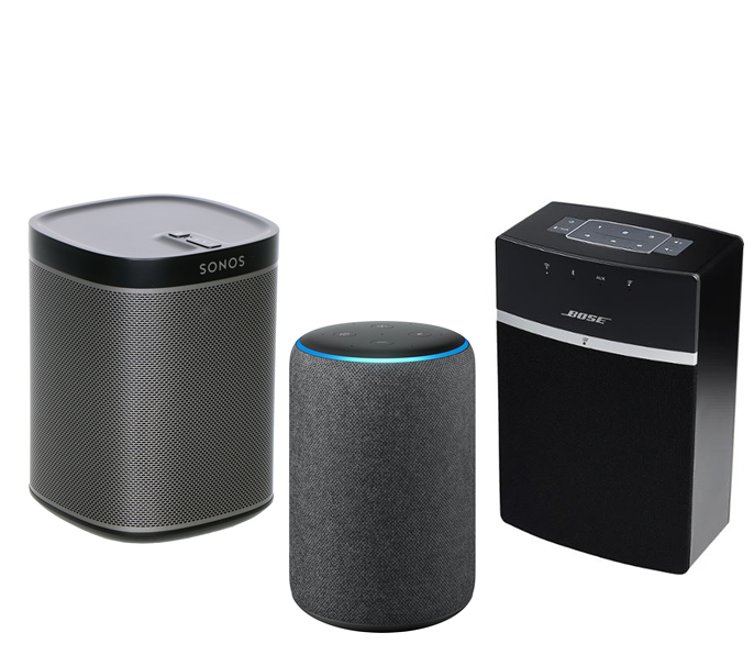 Image of 3 smart speakers - Sonos, Bose and Alexa